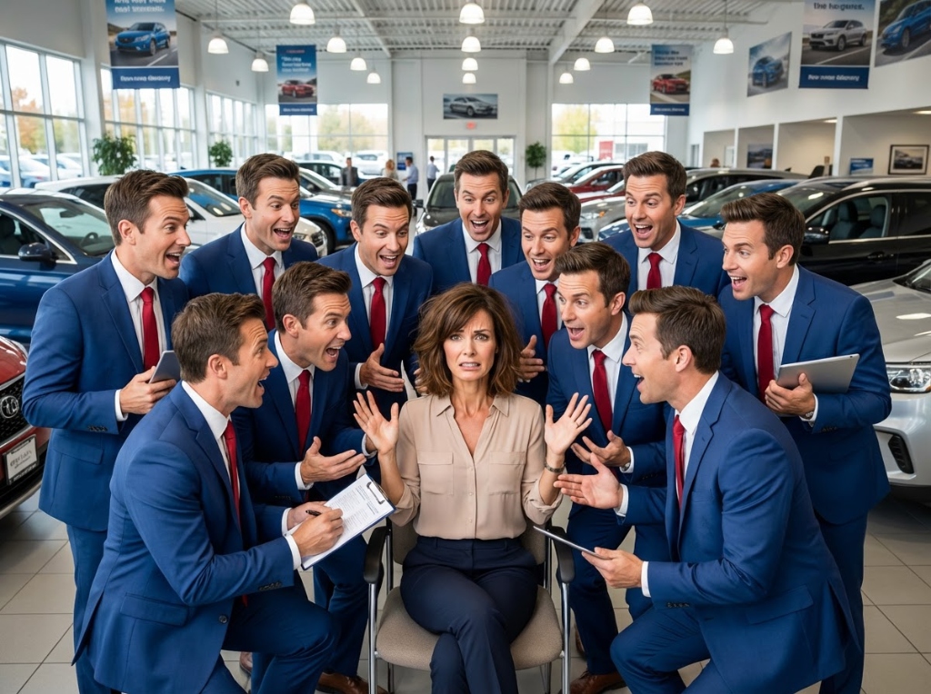A dozen identical car salesmen pitching at the same time