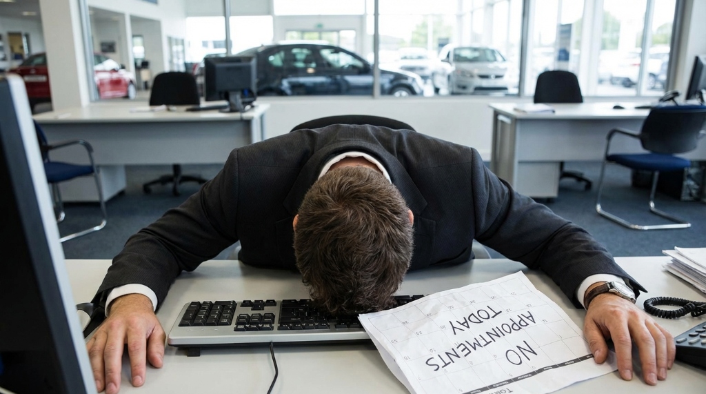 Frustrated car dealership manager struggling with appointments - Revenant Agency